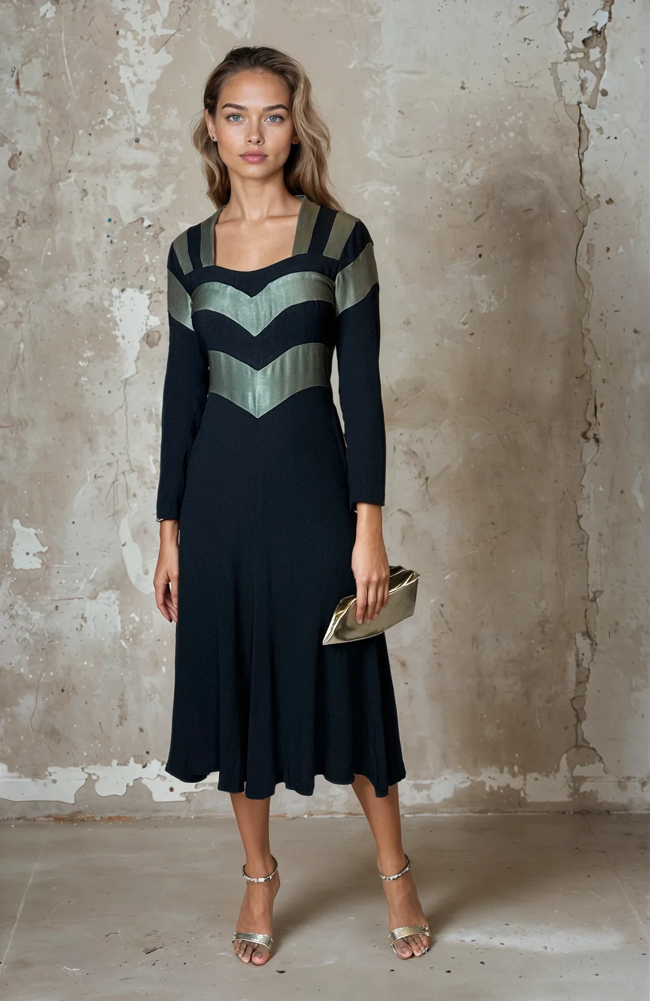 1970's Original Vintage Very Rare Ossie Clark Black & Metallic Green Dress UK 8 - 10 - Image 4