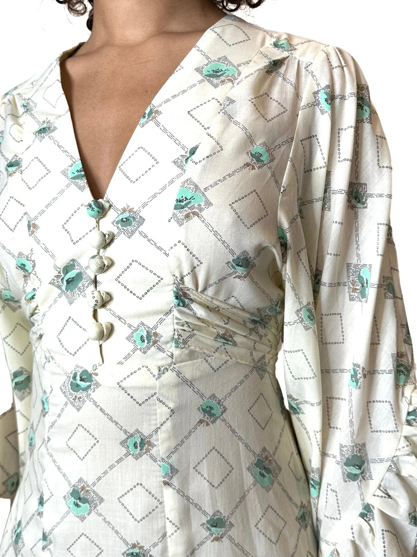 1970's Vintage Cream Printed Angel Sleeve Wedding Dress UK 8 - 14 - Image 10