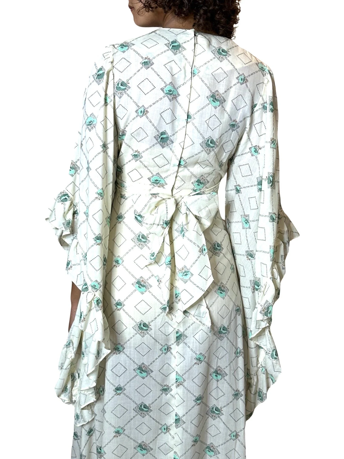 1970's Vintage Cream Printed Angel Sleeve Wedding Dress UK 8 - 14 - Image 11