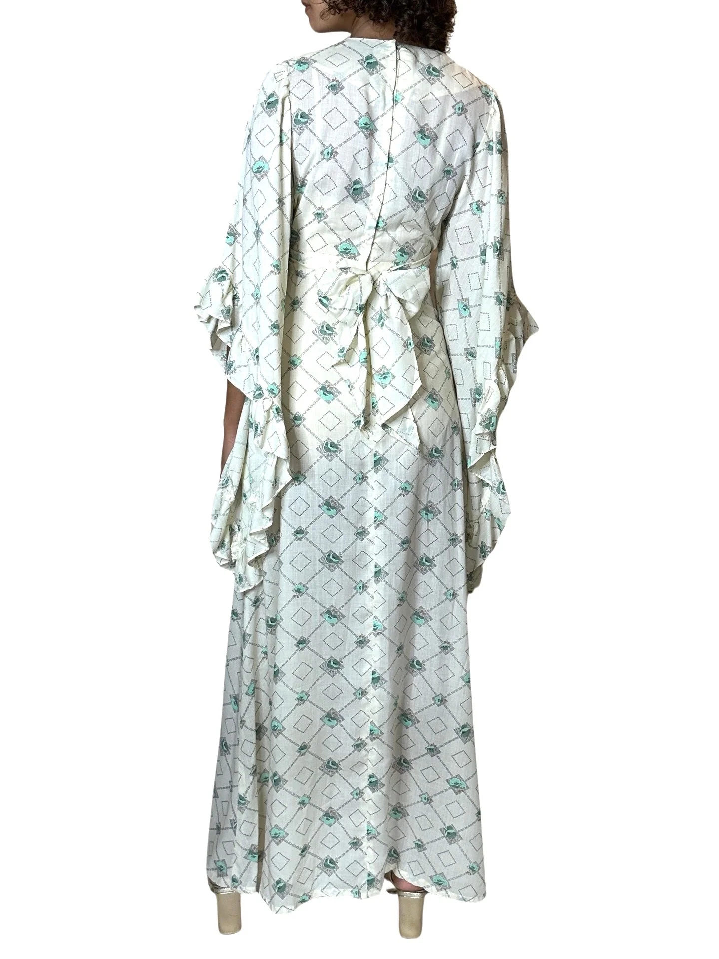 1970's Vintage Cream Printed Angel Sleeve Wedding Dress UK 8 - 14 - Image 12