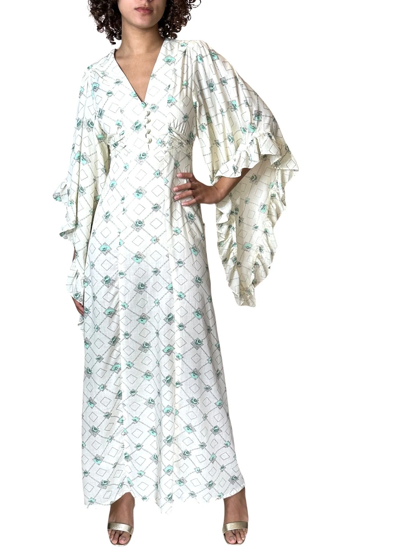 1970's Vintage Cream Printed Angel Sleeve Wedding Dress UK 8 - 14 - Image 5