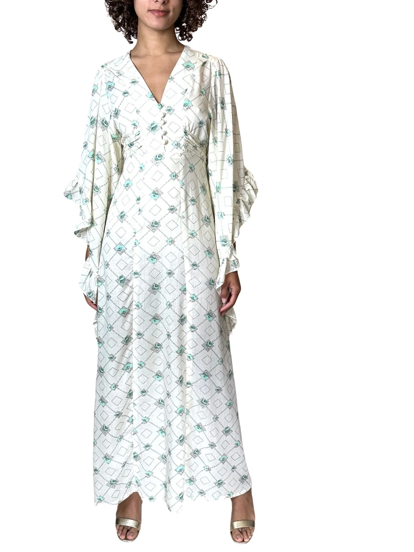 1970's Vintage Cream Printed Angel Sleeve Wedding Dress UK 8 - 14 - Image 6