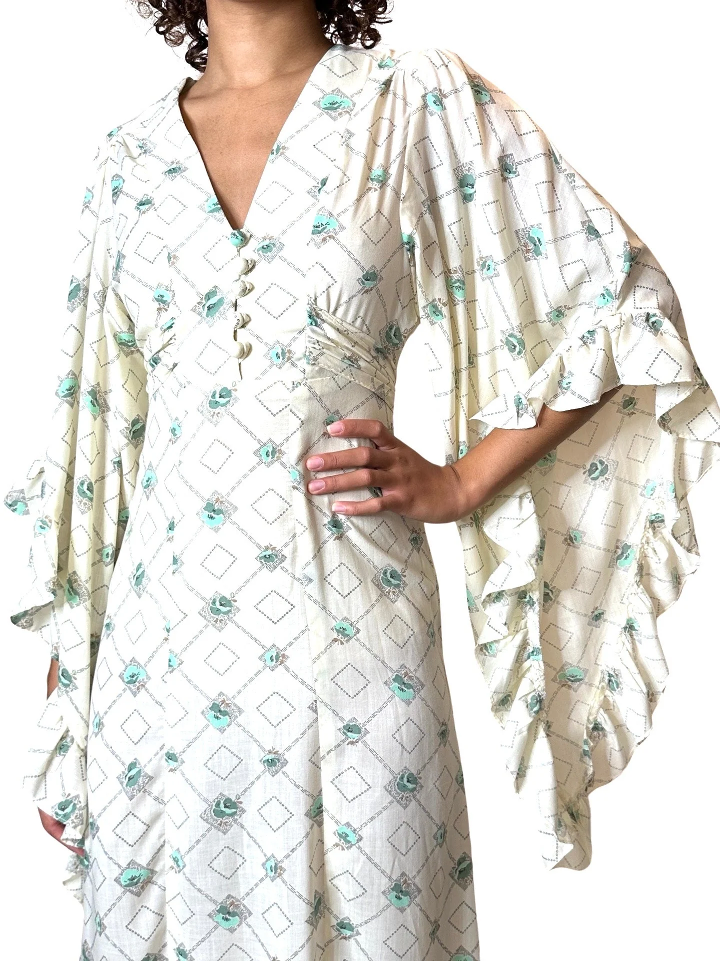 1970's Vintage Cream Printed Angel Sleeve Wedding Dress UK 8 - 14 - Image 7