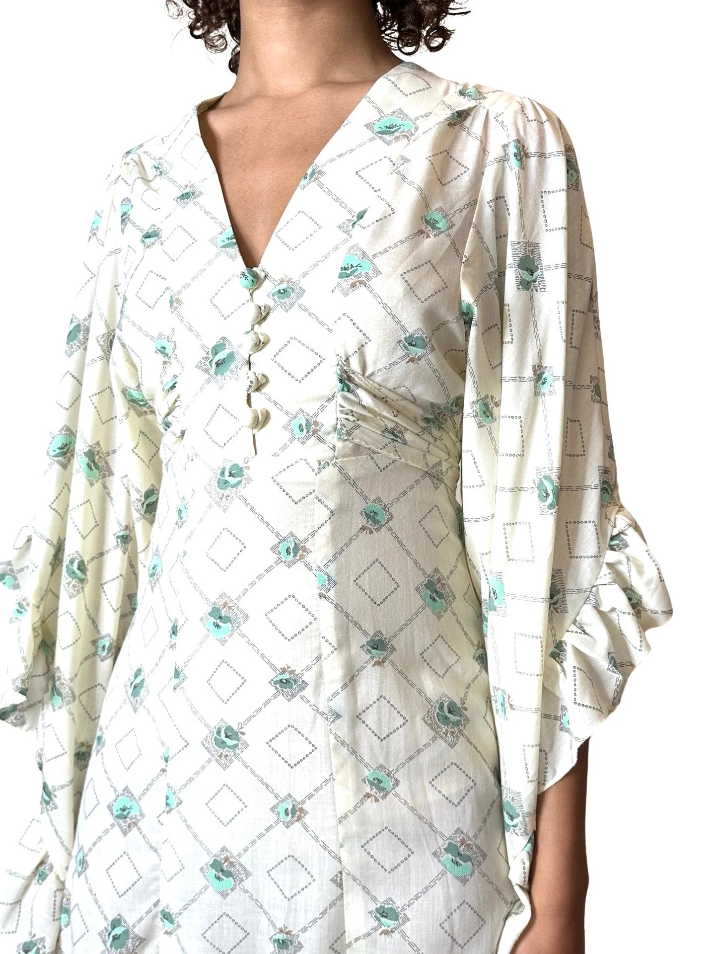 1970's Vintage Cream Printed Angel Sleeve Wedding Dress UK 8 - 14 - Image 8