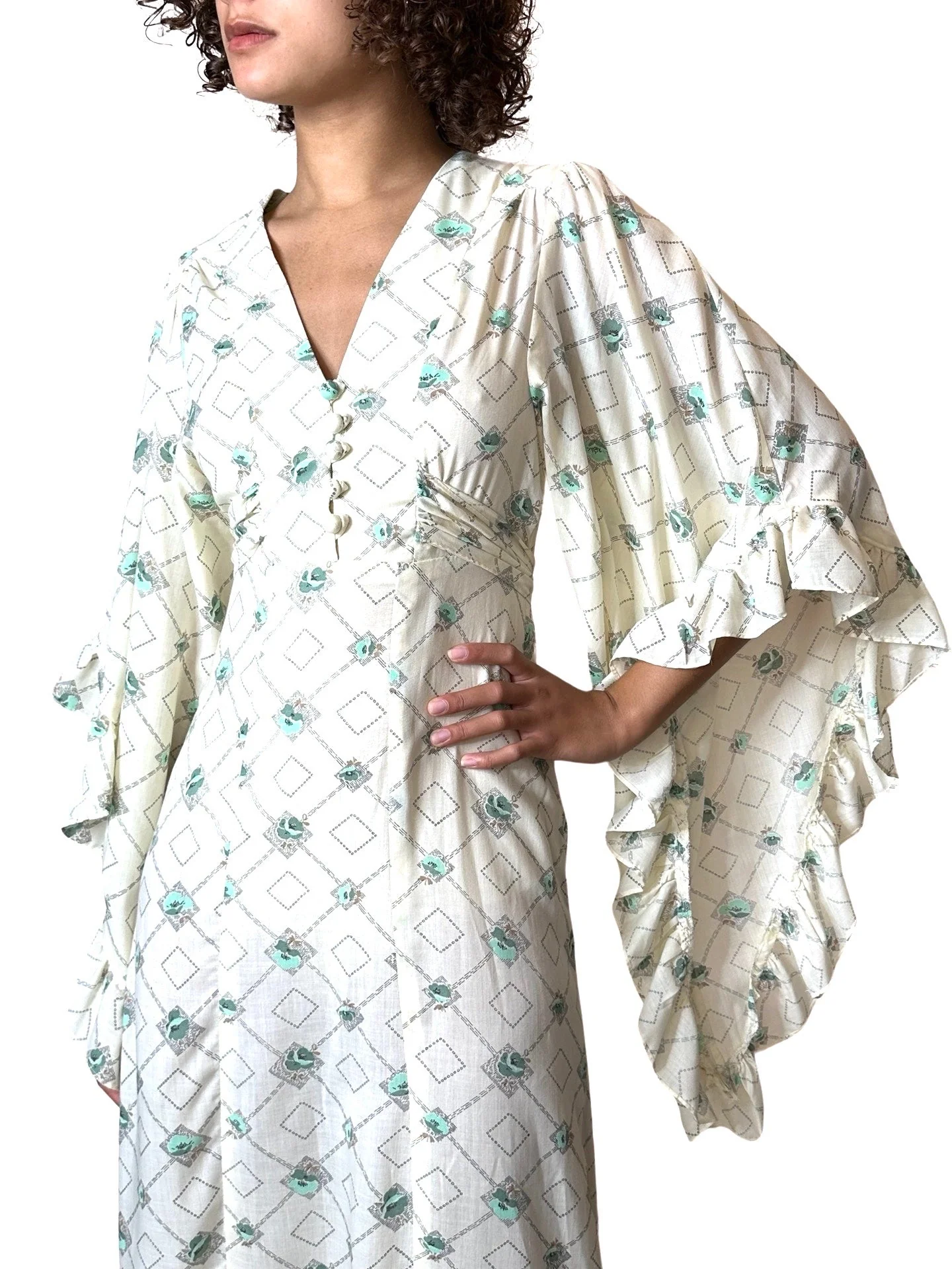 1970's Vintage Cream Printed Angel Sleeve Wedding Dress UK 8 - 14 - Image 9