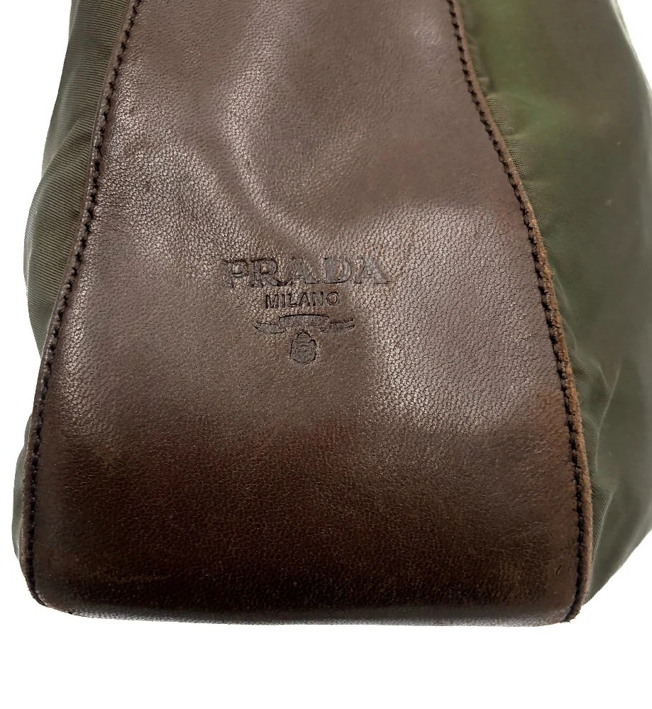 PRADA GREEN NYLON BROWN LEATHER RESIN CHAIN STRAP SHOULDER BAG - Image 3