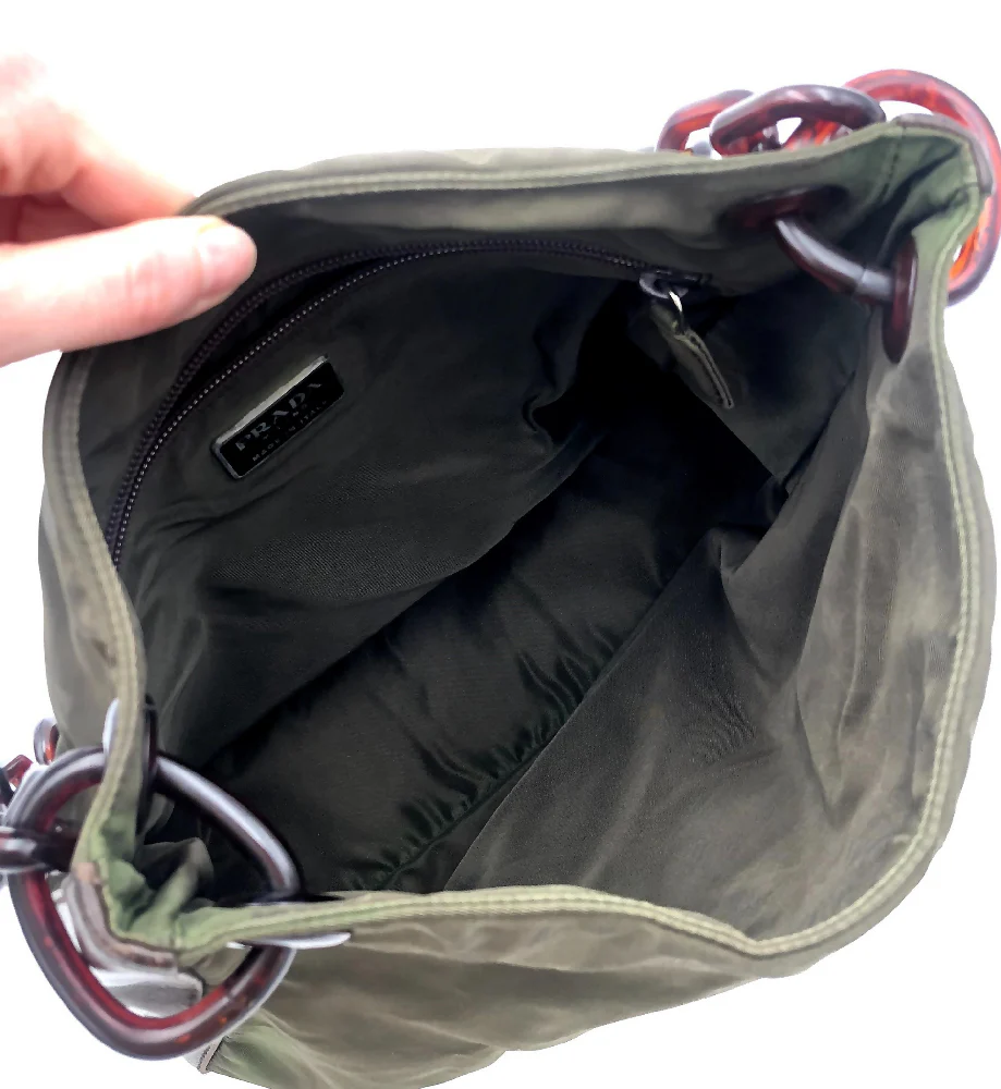 PRADA GREEN NYLON BROWN LEATHER RESIN CHAIN STRAP SHOULDER BAG - Image 8