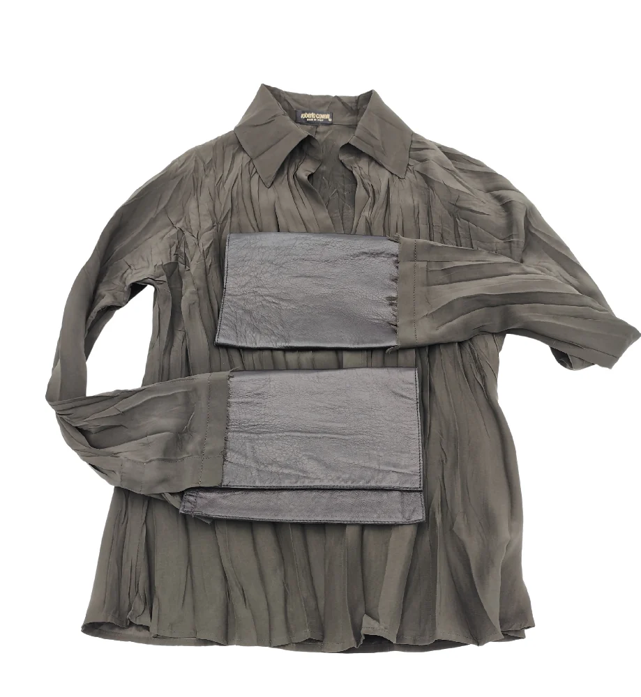 ROBERTO CAVALLI 2000s GREEN SILK AND LEATHER SHIRT AND PANTS SET - Image 5