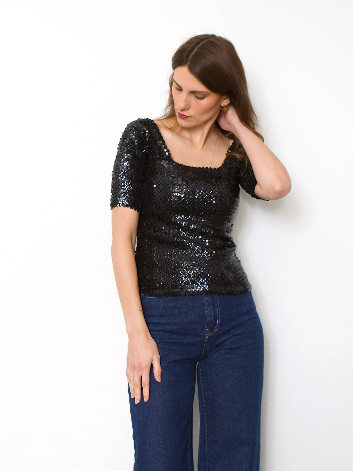 Vintage black sequins top short sleeves - Image 6